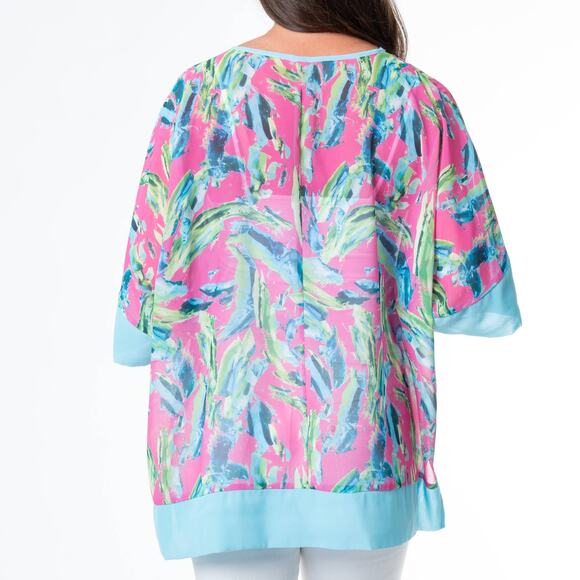 Lexi Boho Tropical Brush Sheer One Size Poncho Cover up Teal Pink - Picture 5 of 6
